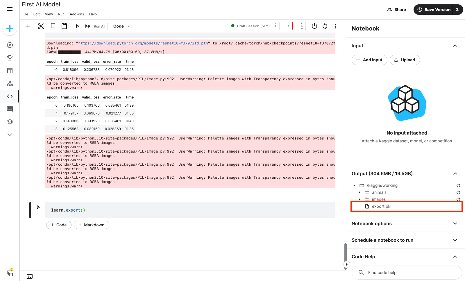 An export-ready .pkl file in your Kaggle notebook